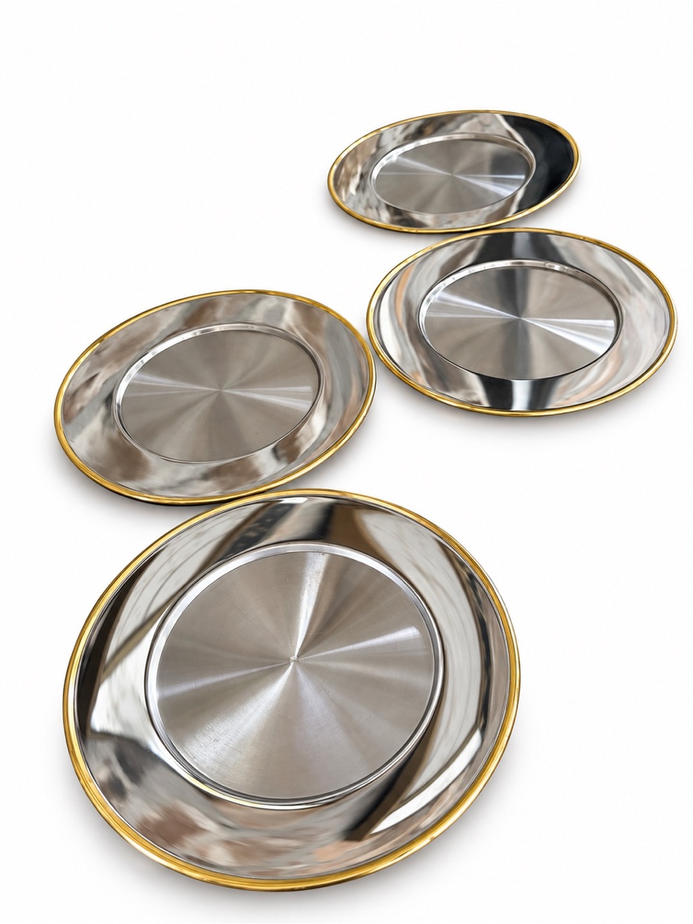 Vintage Spring Silinox Swiss 18/10 Stainless Gold Rim Chargers Set of 4